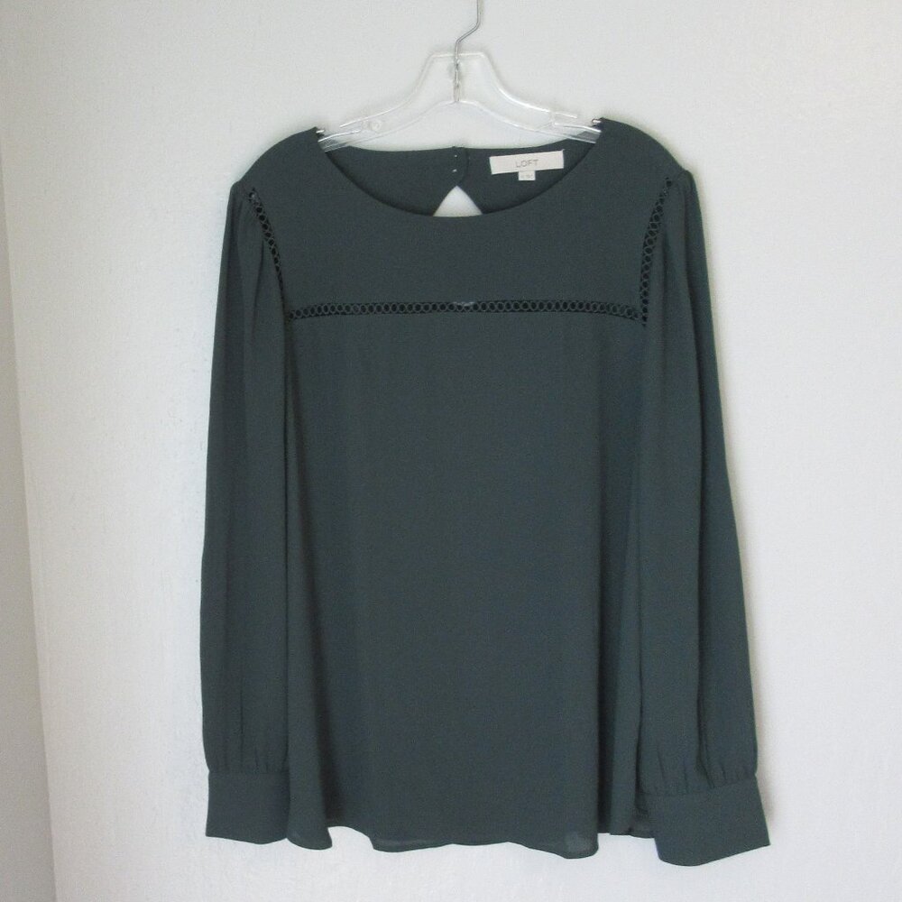 LOFT Dark Green Keyhole Back Long Sleeve XL Career Blouse